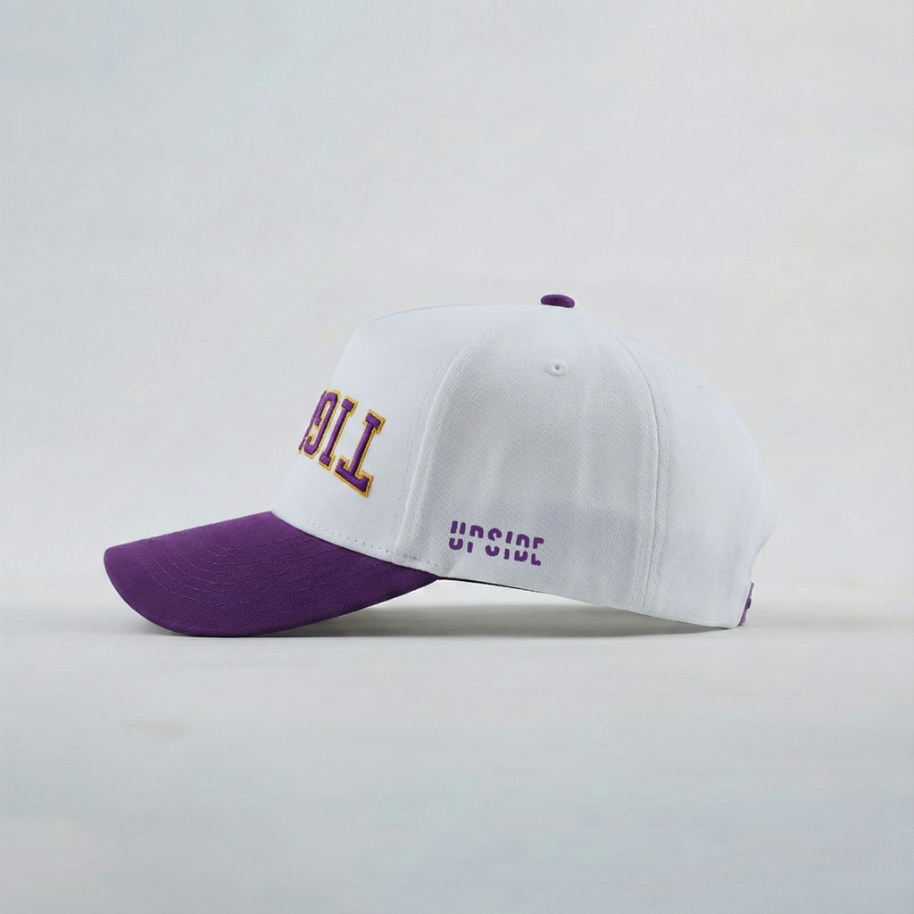 White and purple cap with text on a light gray background