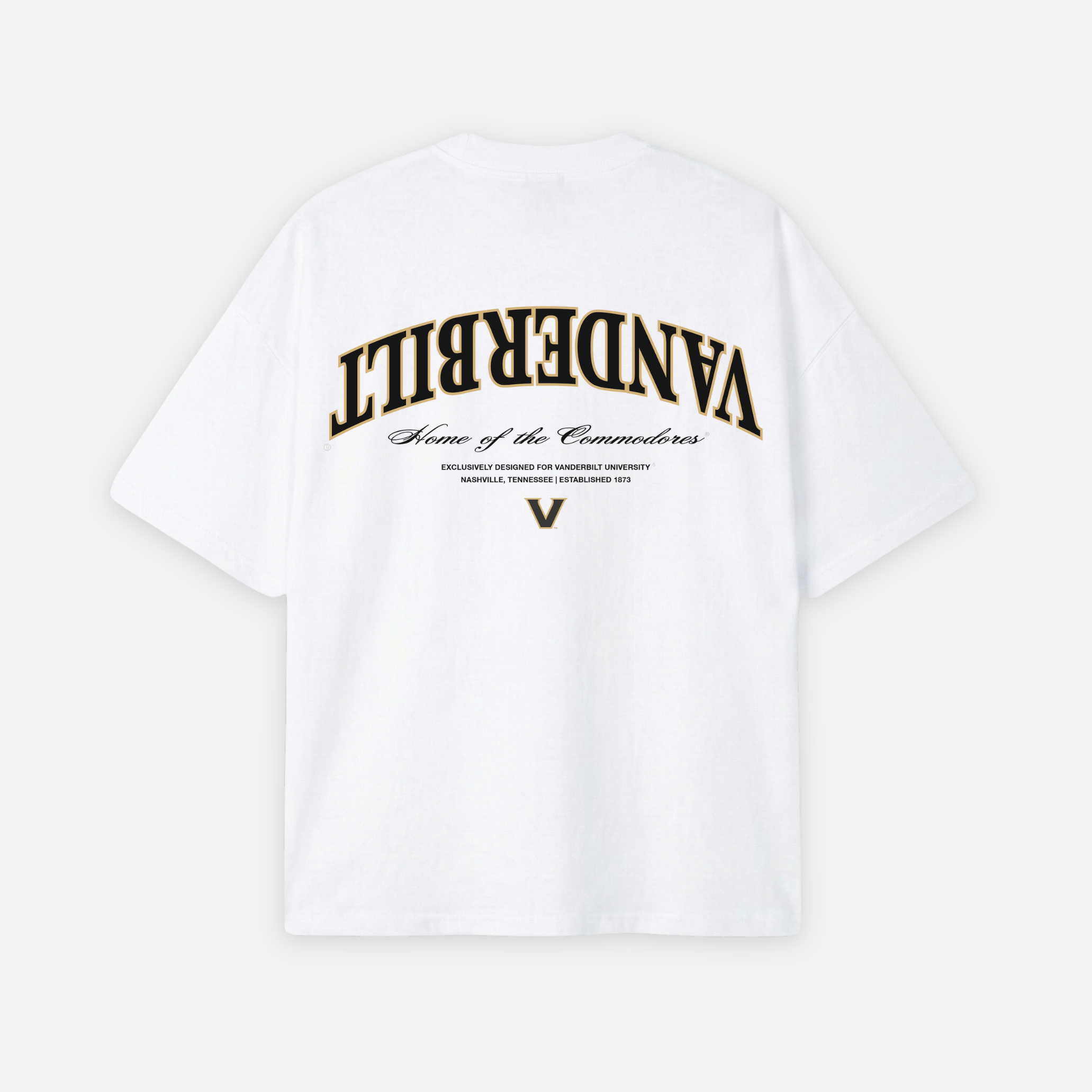 White t-shirt with Vanderbilt logo on a white background