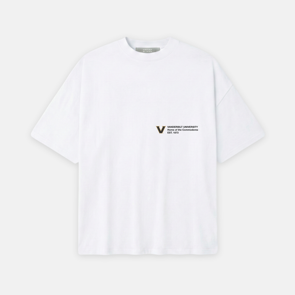White t-shirt with a small logo on a light gray background