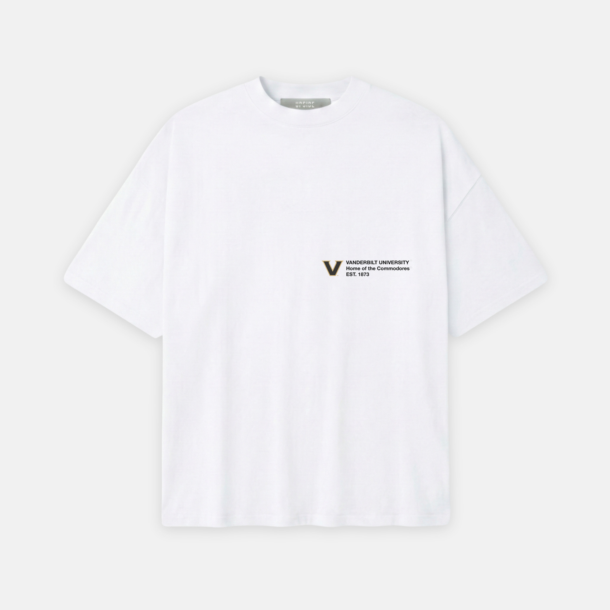 White t-shirt with a small logo on a light gray background