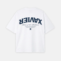 White t-shirt with blue text and logo on a white background