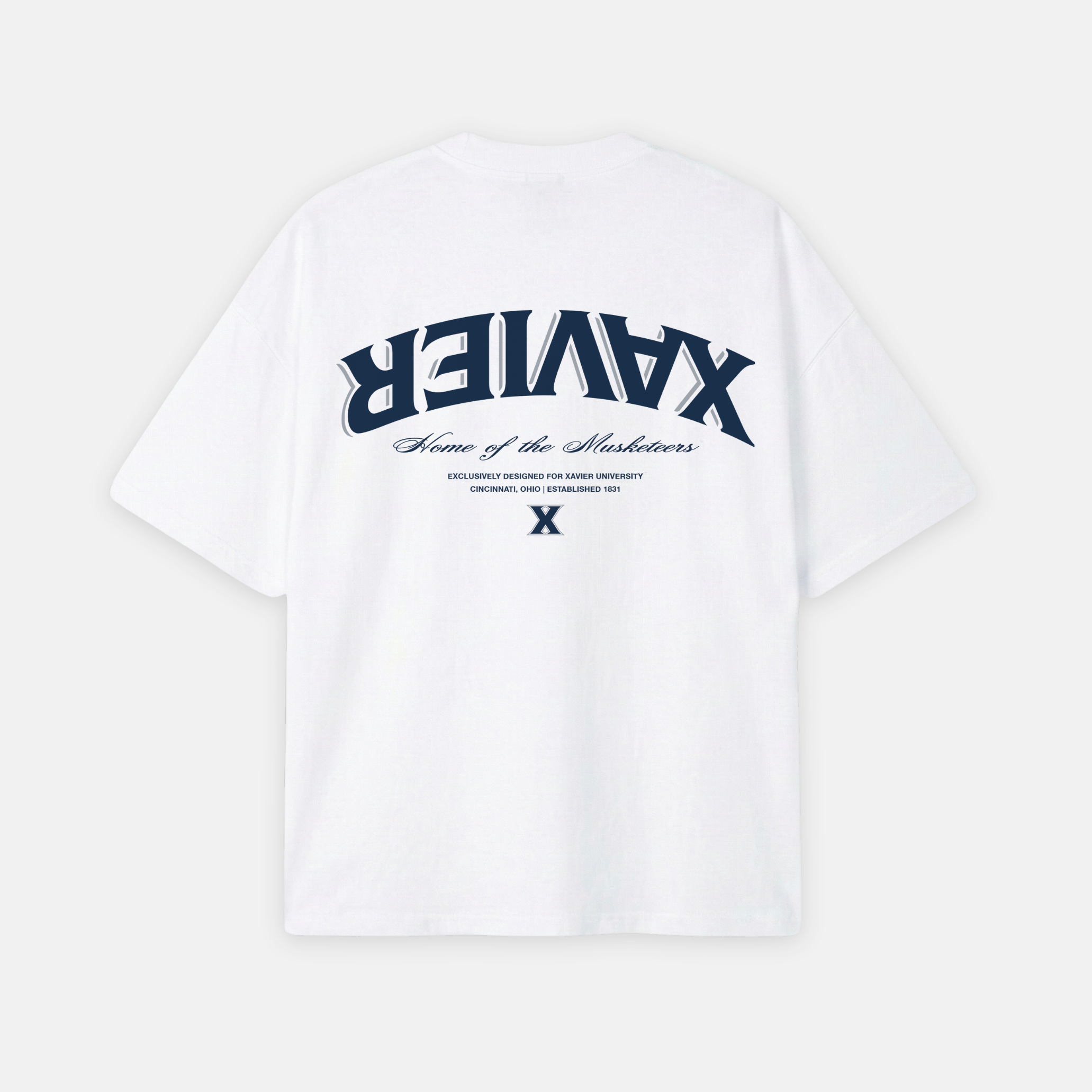 White t-shirt with blue text and logo on a white background