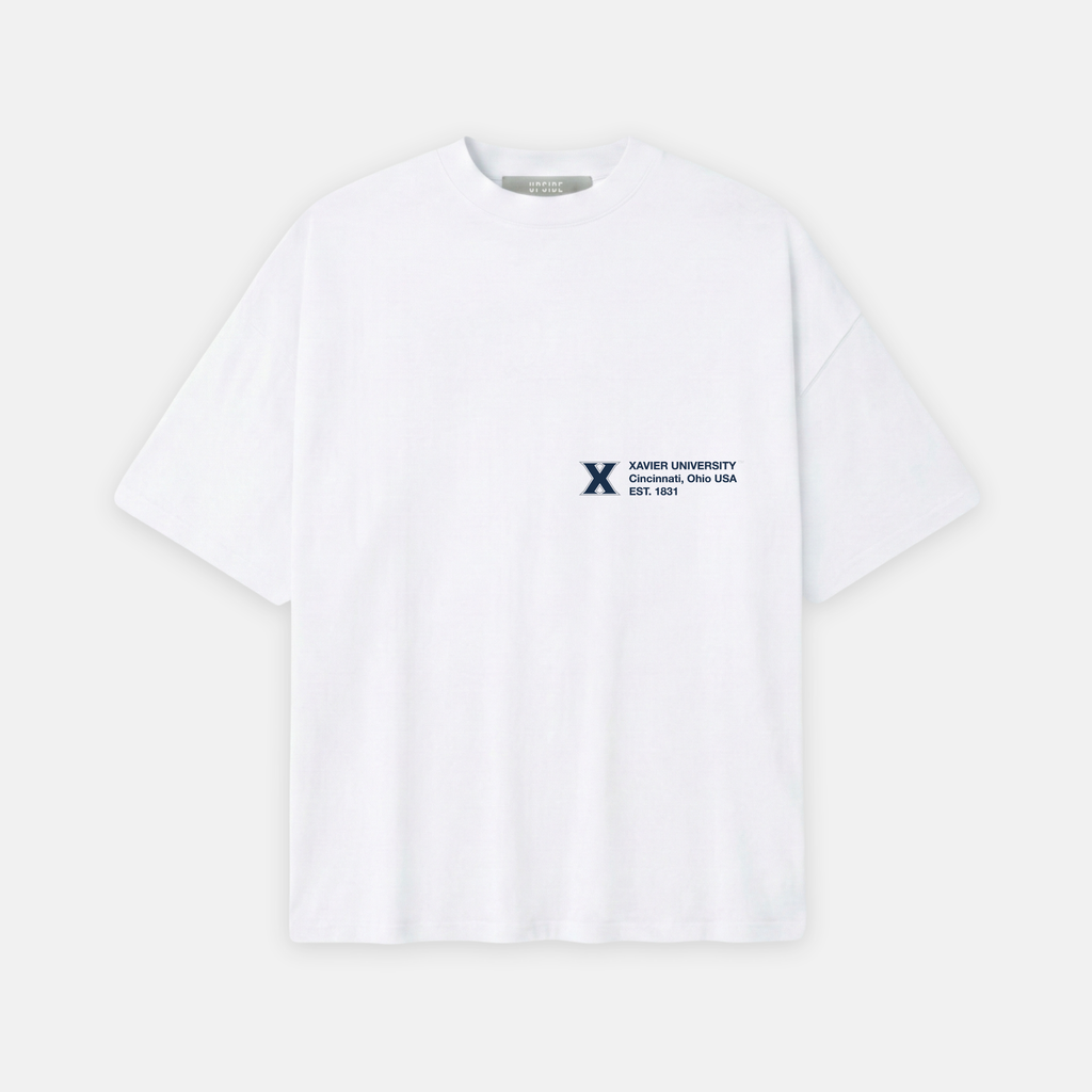 White t-shirt with a small logo on a white background