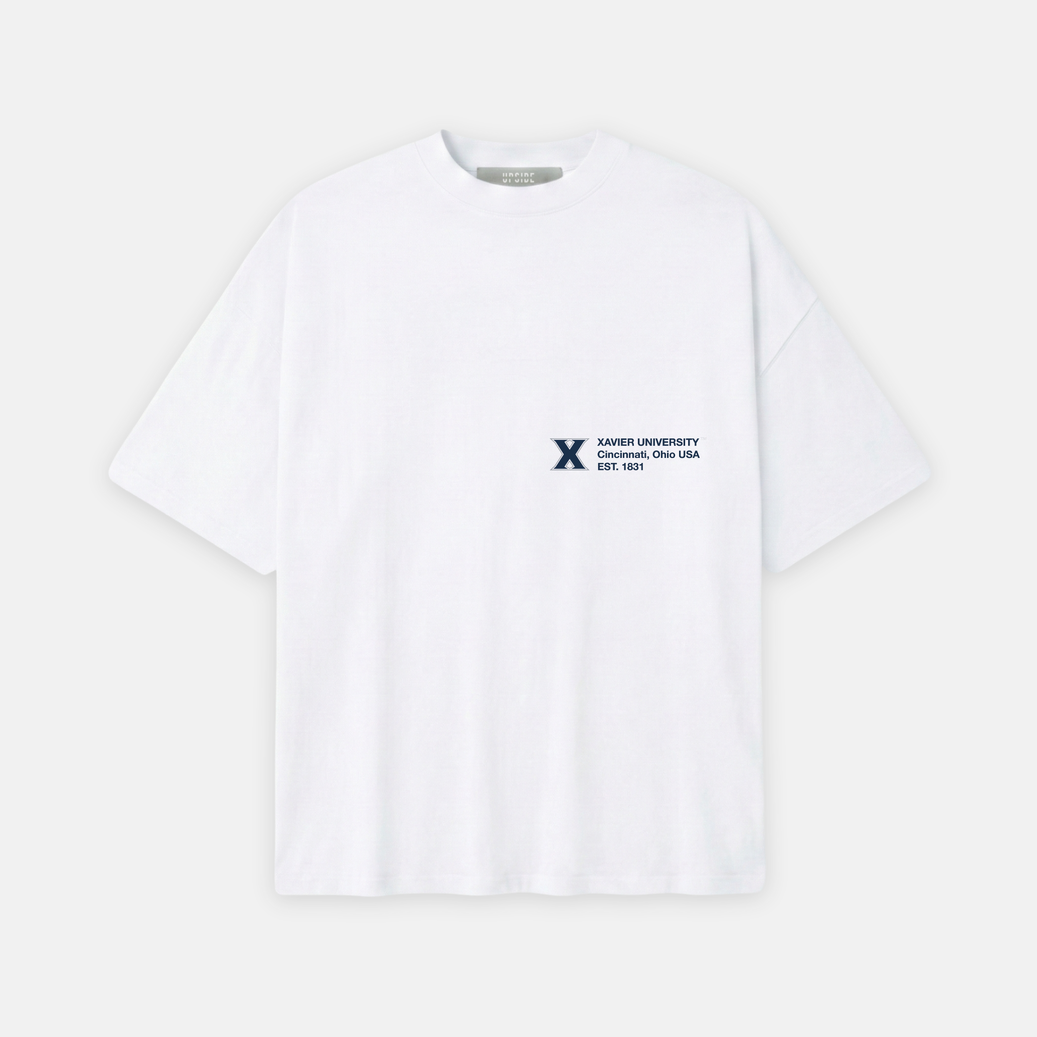 White t-shirt with a small logo on a white background