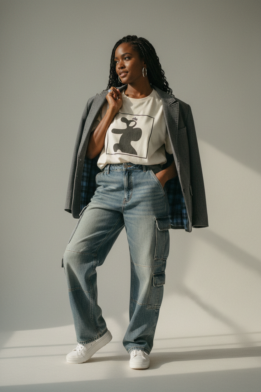 A woman wearing a graphic t-shirt, jeans, and a blazer on a plain background